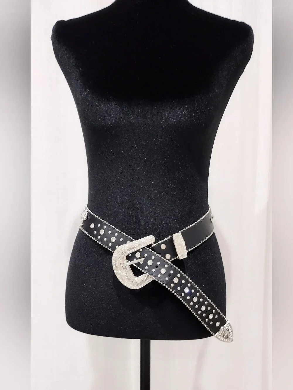 Black Studded Western Belt with Decorative Silver Buckle